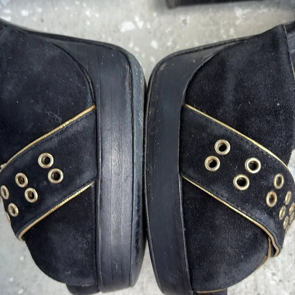 Fendi T strap suede platforms with gold grommets